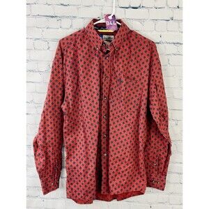 Vtg Geoge Strait Fleurs-De-Lis Red/Navy Sz L Long Sleeve Cotton Button Up Shirt